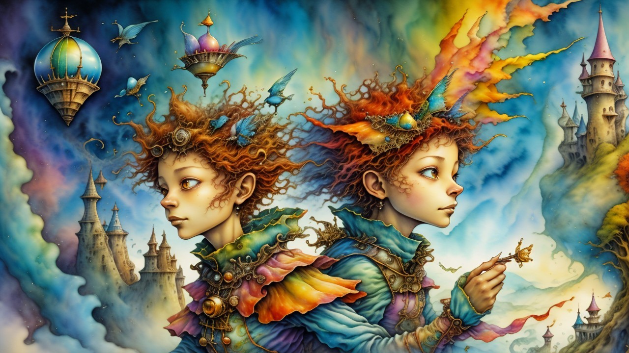 Ethereal Figures in a Colorful Dreamlike Landscape