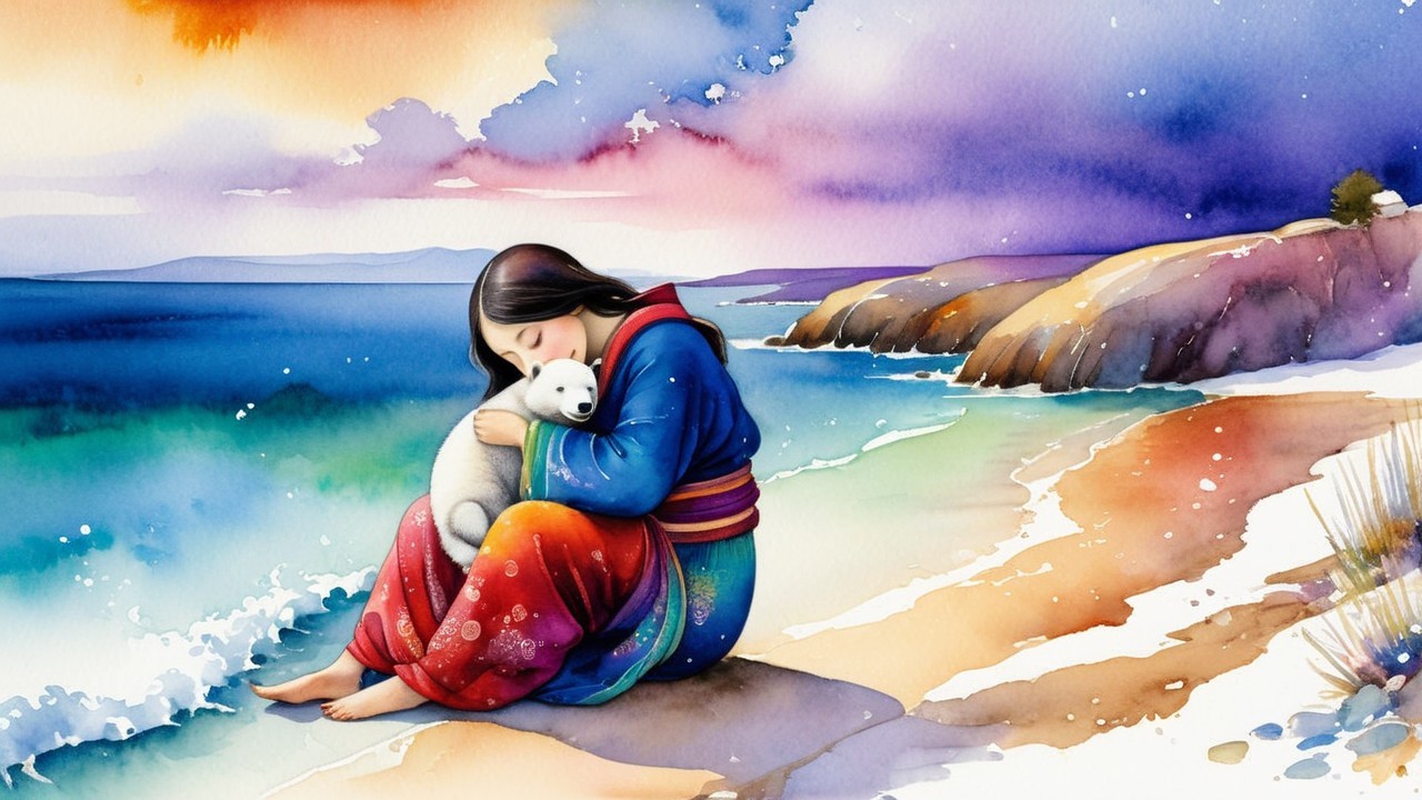 Watercolor Scene of Woman with Dog on Beach