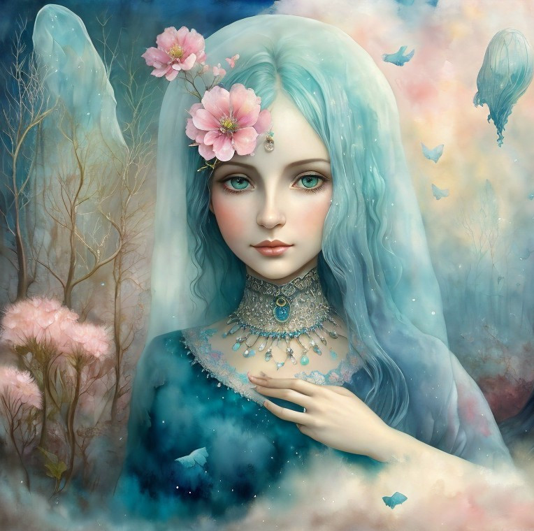 Ethereal figure with blue hair in a pastel setting