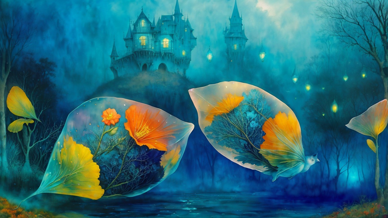 Whimsical Scene with Ethereal Leaves and Castle