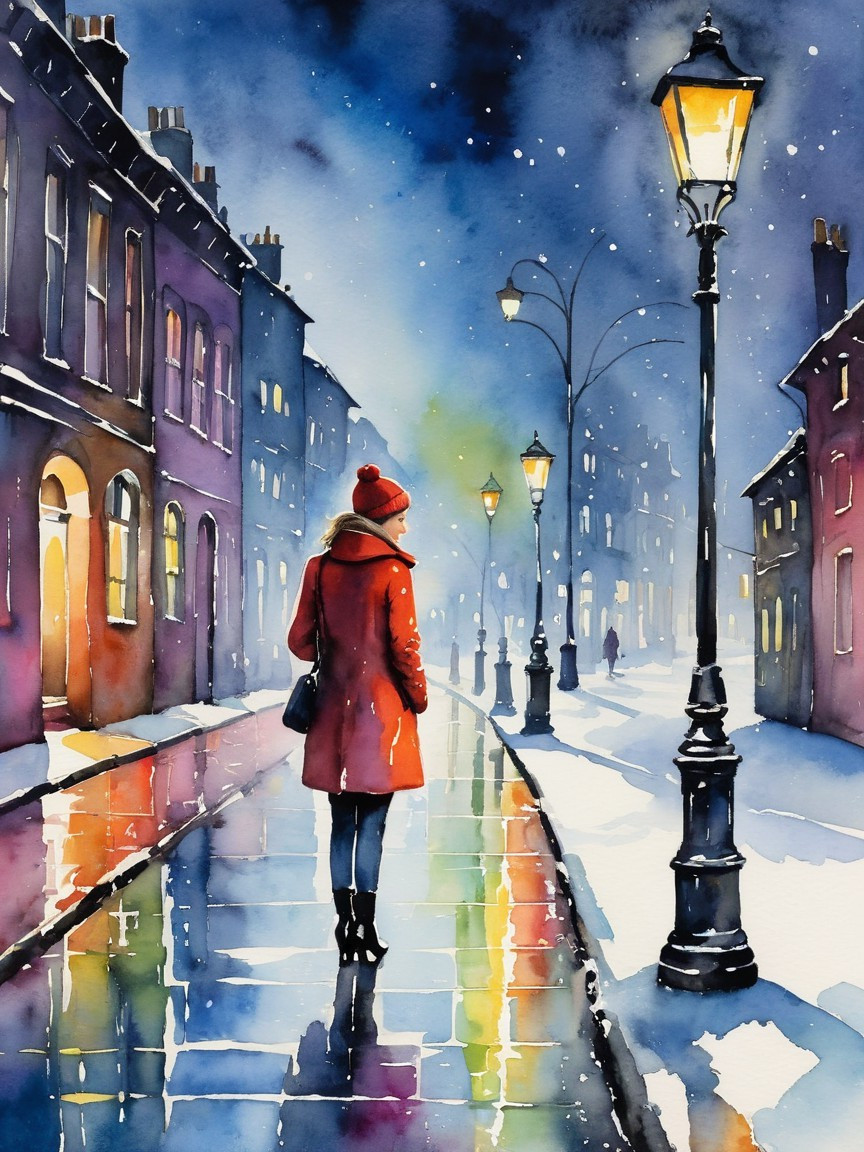 Winter Scene with Figure in Red Coat on Cobblestone Street