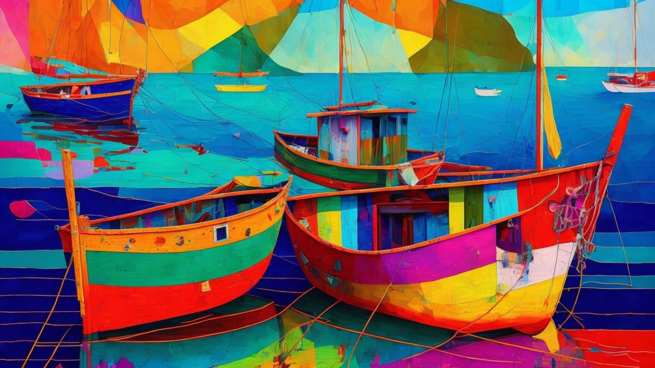 Colorful Boats Moored in Sparkling Blue Water