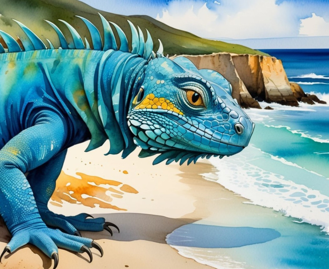Vibrant Blue Iguana on Sandy Beach with Coastal Scenery