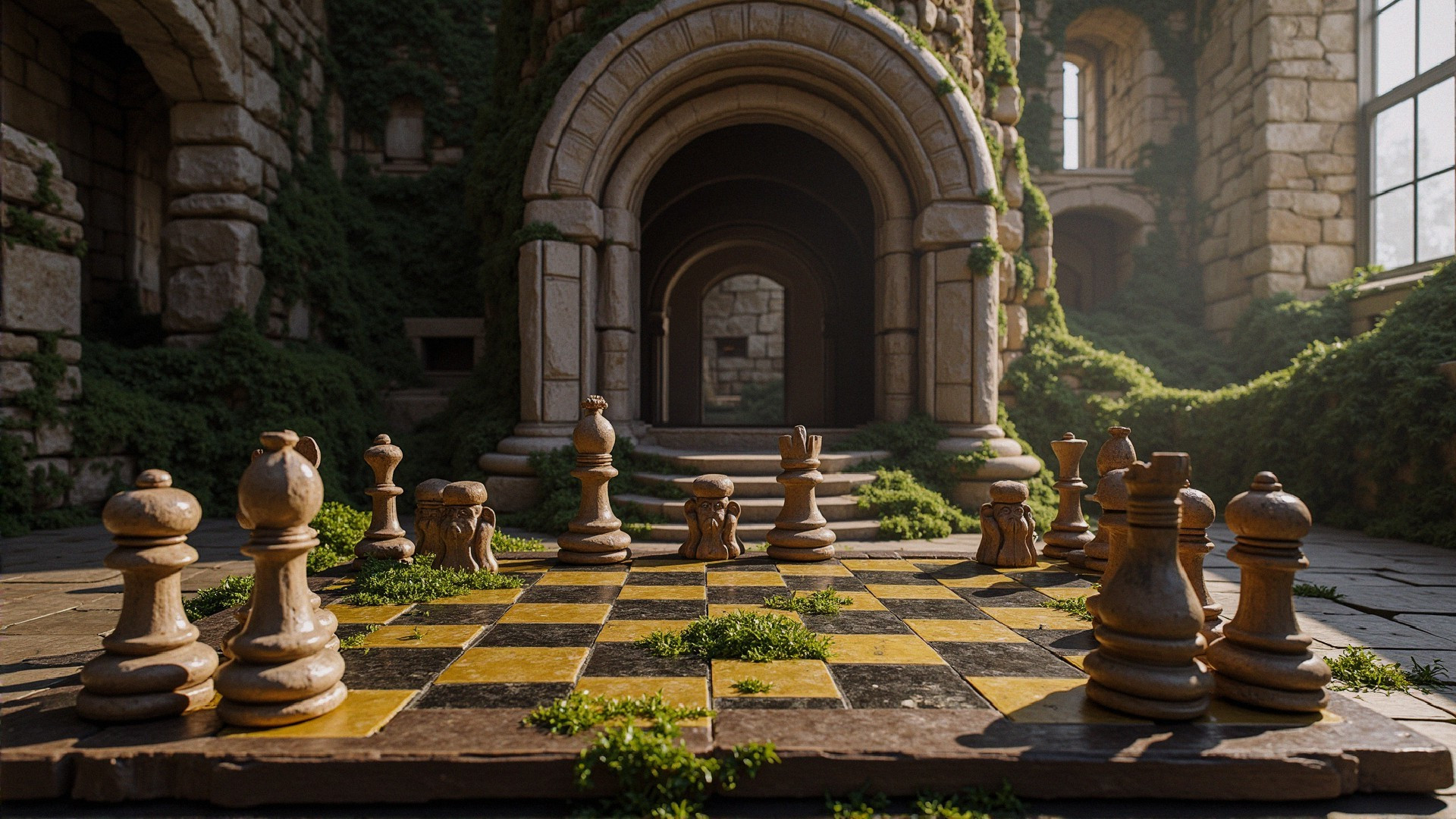 Ancient Chessboard Among Ruins with Moss and Sunlight