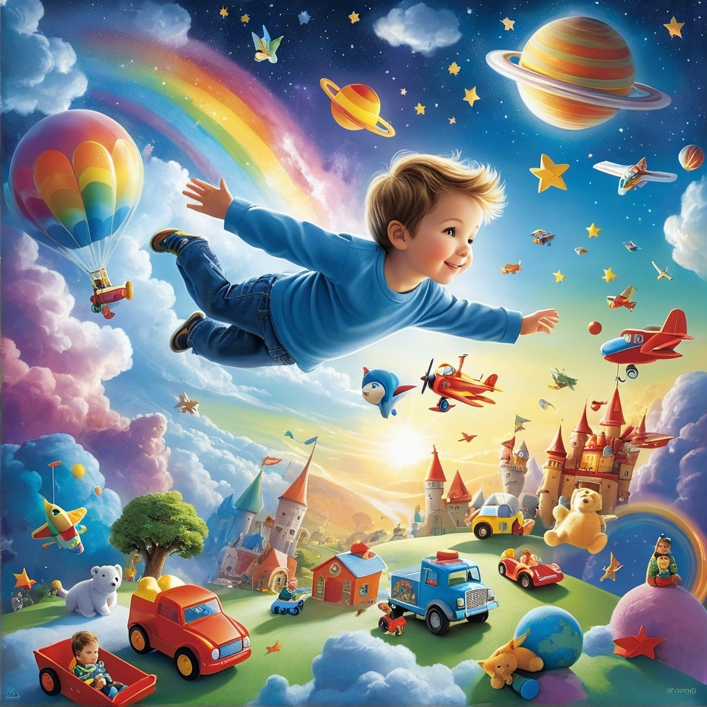 Young Boy Flying in a Colorful Dreamlike Landscape