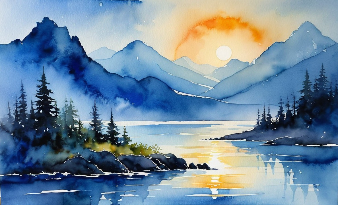 Tranquil Watercolor Landscape with Mountains and Lake