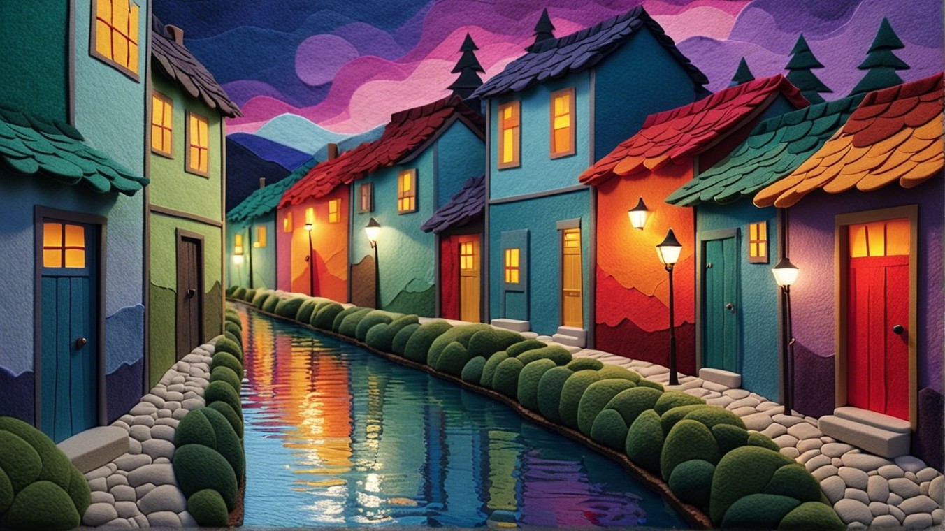 Miniature Colorful Houses by a Serene Canal at Sunset