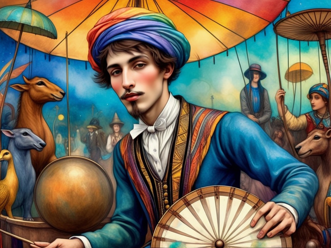 Young man in traditional attire with colorful wheel and animals