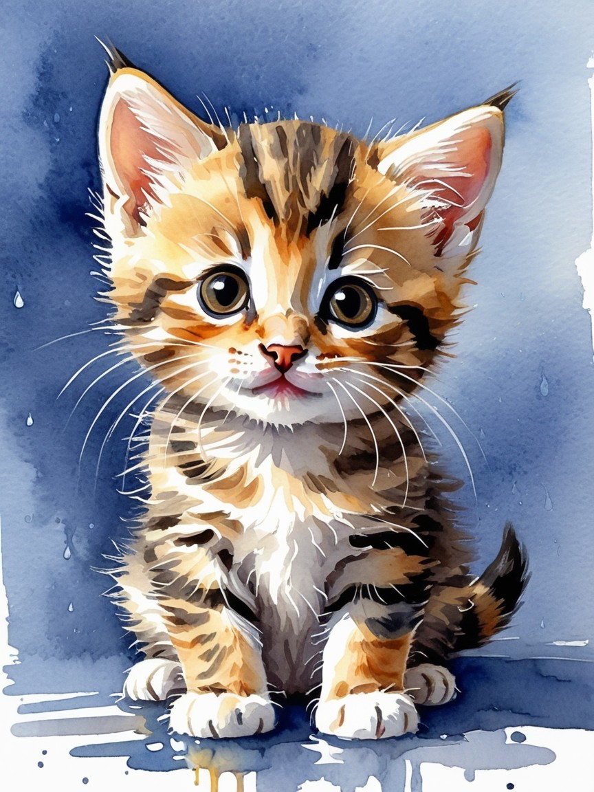 Watercolor Illustration of Playful Tabby Kitten