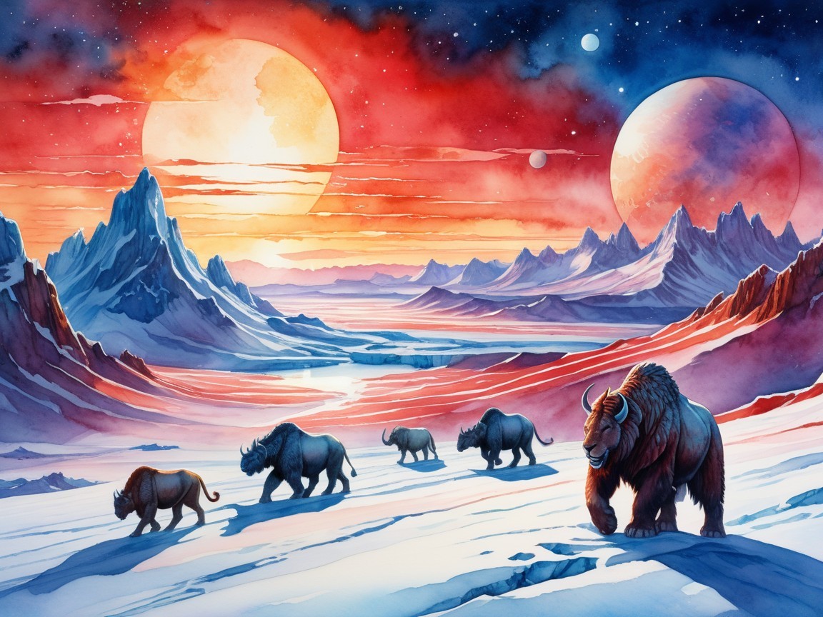 Alien Landscape with Two Planets and Unique Animals