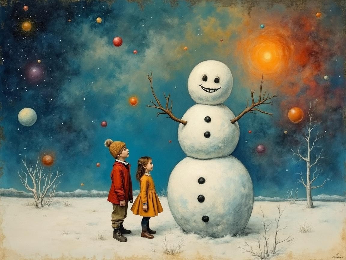 Whimsical Winter Scene with Snowman and Children