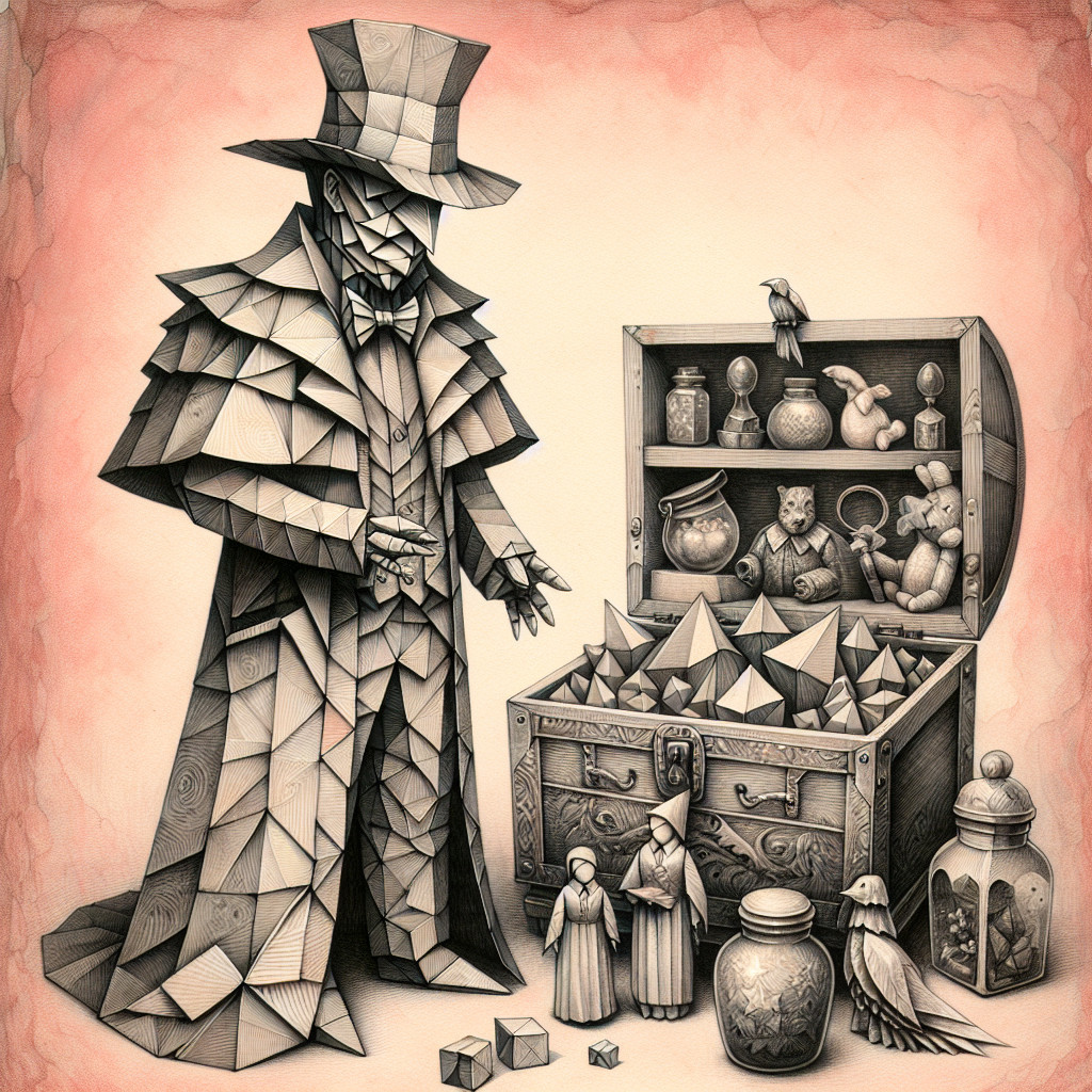 Mysterious Figure with Treasure Chest and Whimsical Objects