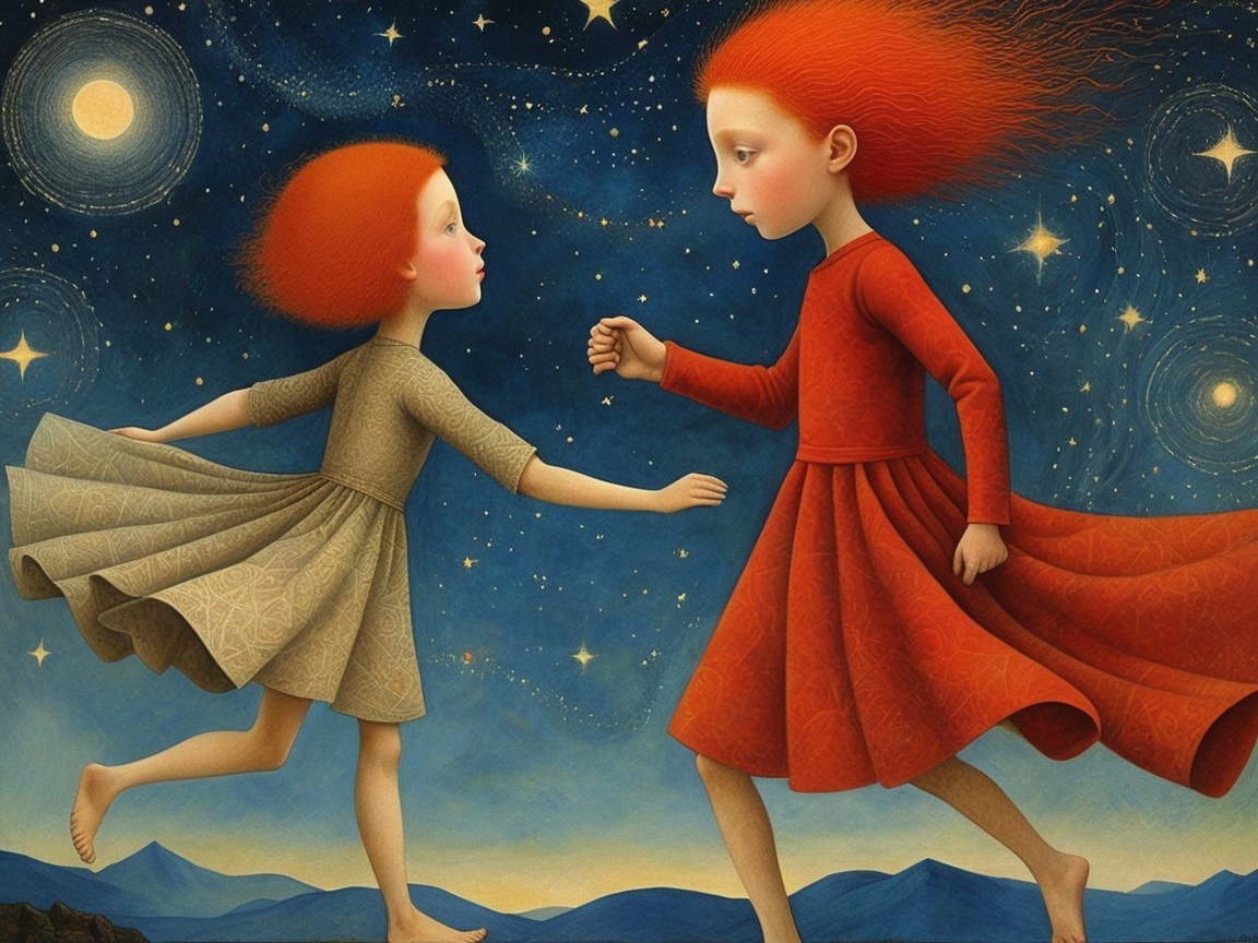 Young girls with red hair playing under starry sky