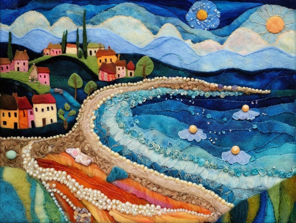 Vibrant Textile Artwork of River and Colorful Villages