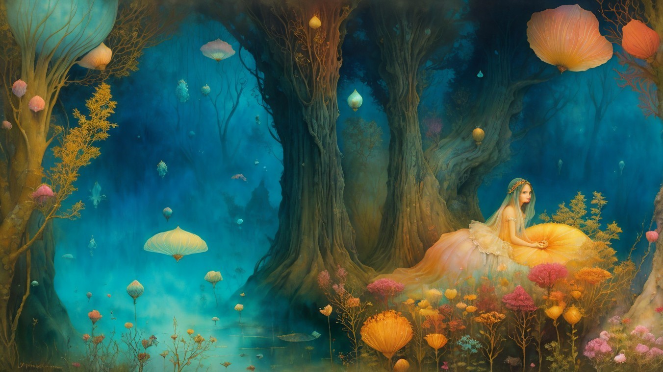 Mystical Woodland Scene with Fairy and Vibrant Flowers