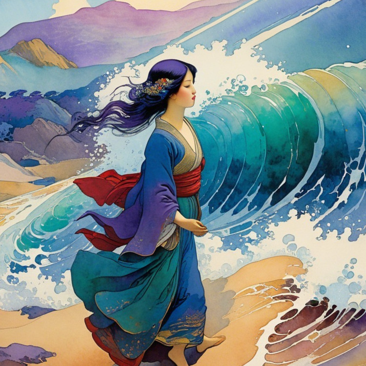 Serene Woman in Traditional Attire by the Ocean