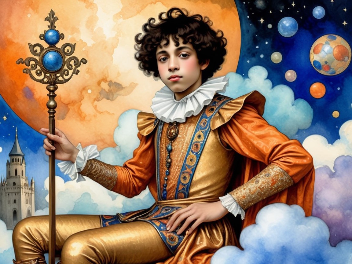 Regal Figure in Cosmic Setting with Vibrant Planets