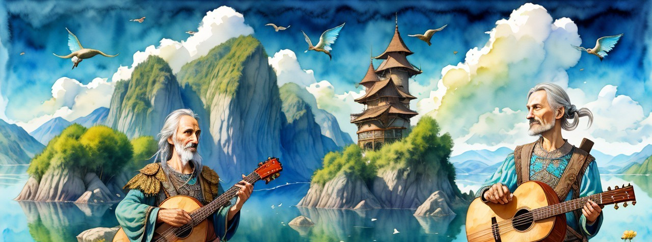 Musicians Playing Guitars by a Serene Lake Scene