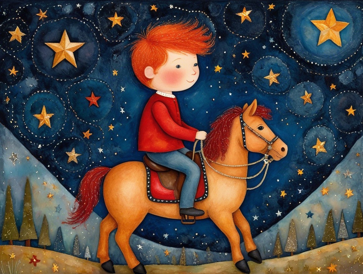 Whimsical Illustration of Boy Riding Pony at Night