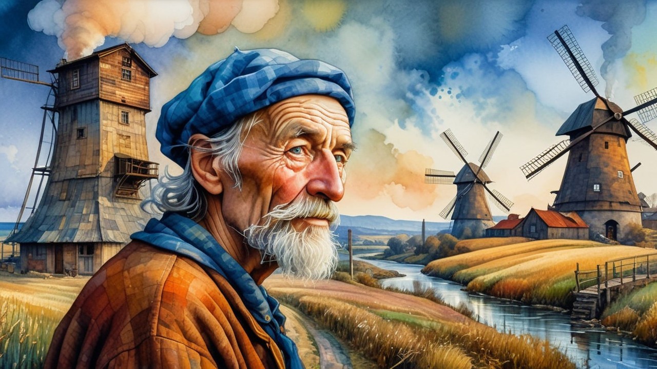 Elderly Man in Countryside with Windmills and River