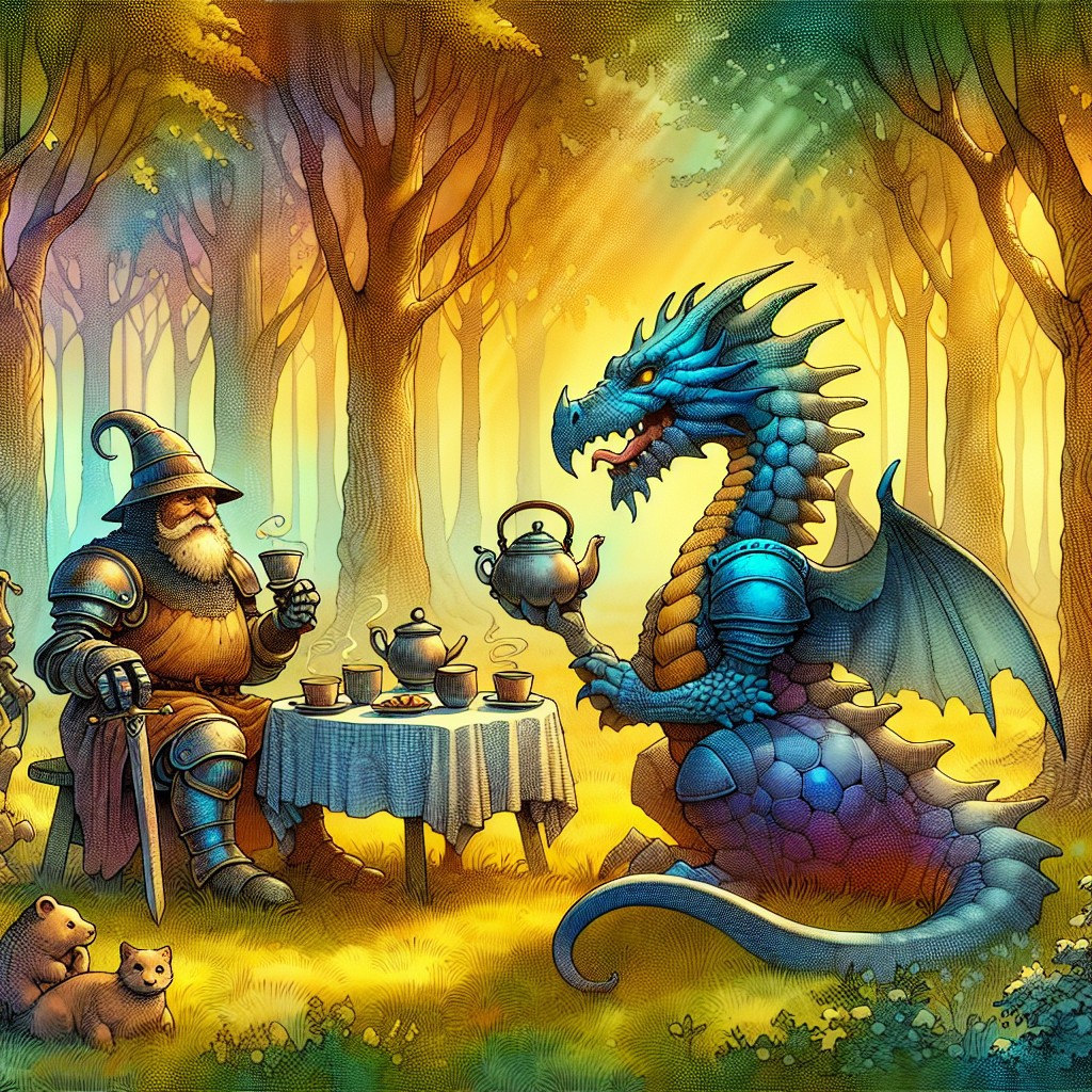 Whimsical forest scene with wizard, dragon, and bears