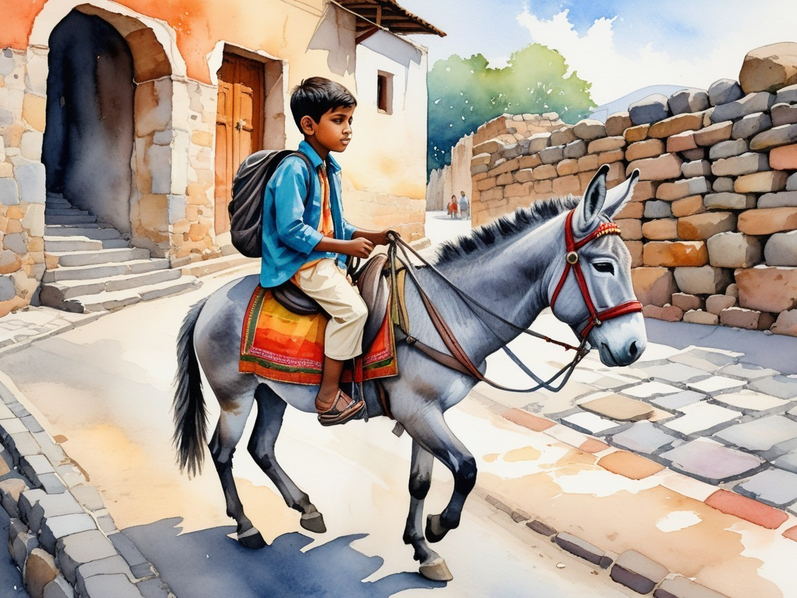 Young Boy Riding Donkey in Quaint Village Scene