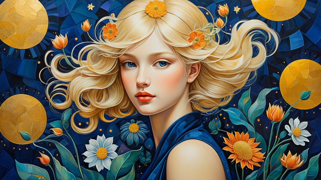 Young Woman with Blonde Hair in Celestial Setting