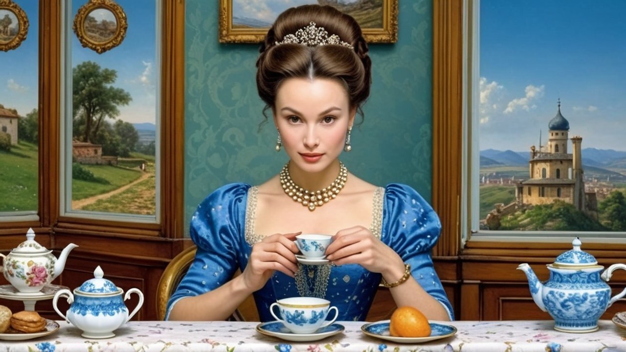 Regal Woman in Blue Gown at Lavish Table Setting