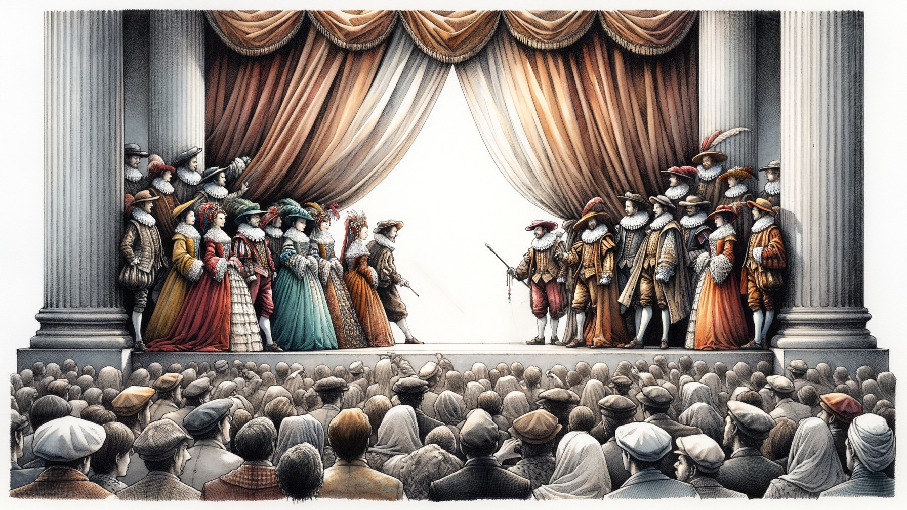Elegant Historical Tableau on Theater Stage