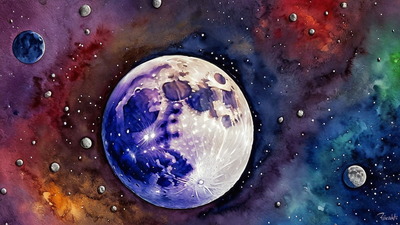 Vibrant Cosmic Scene with Detailed Moon and Nebulas