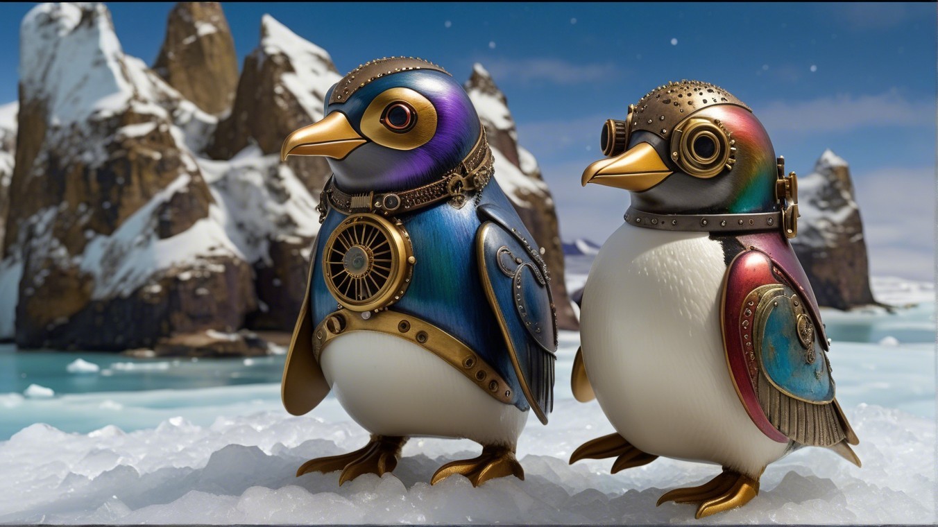 Steampunk Penguins in a Snowy Landscape Scene