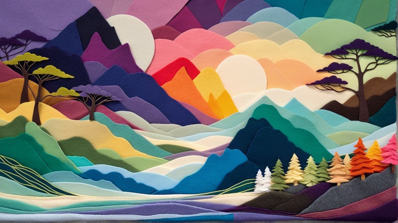 Vibrant Felt Landscape with Layered Mountains and Sun