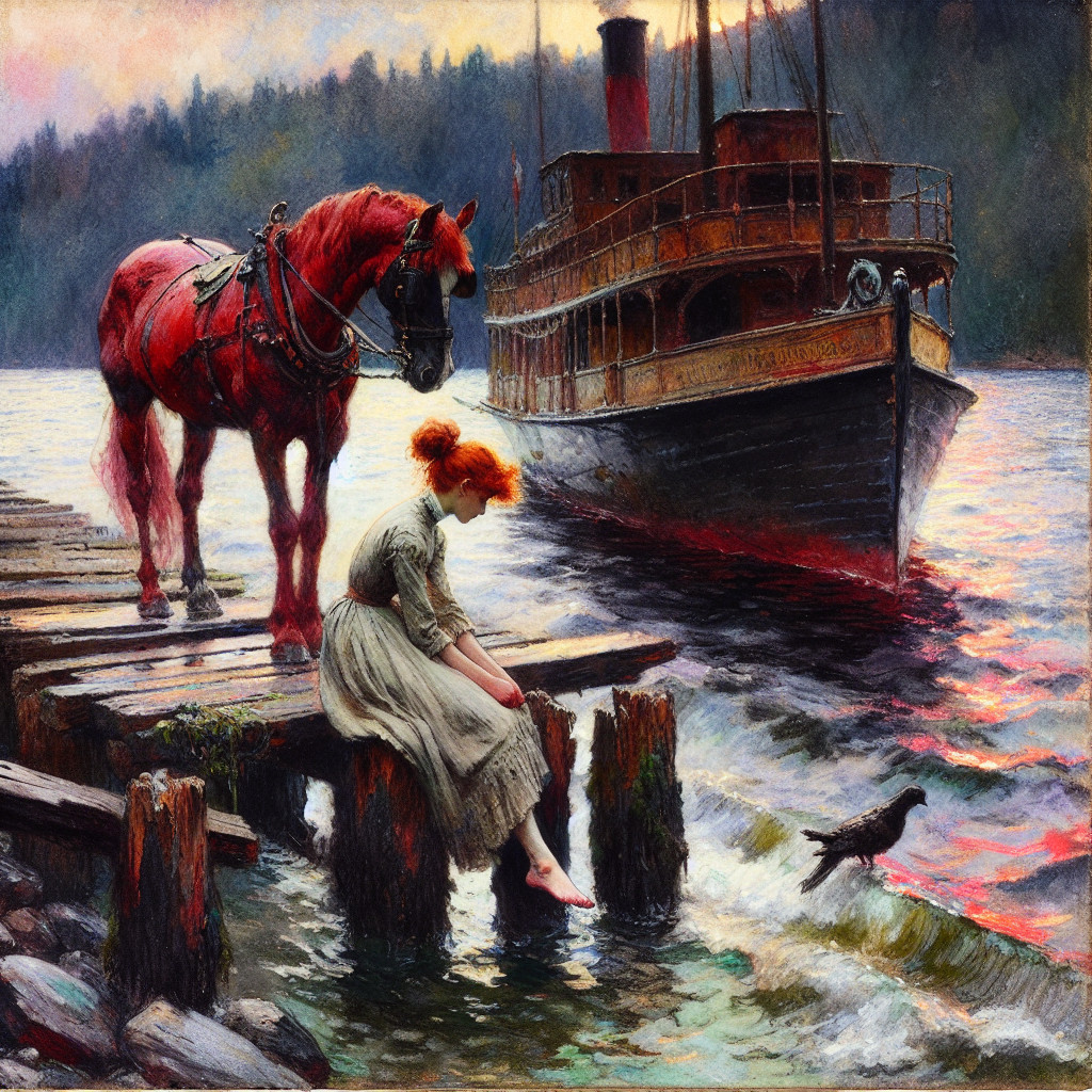Serene lakeside scene with a woman and a horse