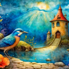 Vibrant Scene of Bird by Pond and Fairytale Castle