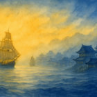 Tranquil Sunset Landscape with Pagoda and Sea