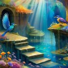 Colorful Fantasy Scene with Birds and Waterfalls