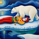 Surreal Scene of Clown and Polar Bear on Ice Floe