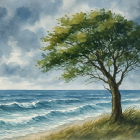 Vibrant Coastal Landscape with Solitary Tree and Ocean