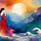 Vibrant Felt Landscape with Colorful Dress and Mountains