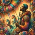 Contemplative Figure with Saxophone in Vibrant Colors