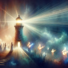 Vibrant Lighthouse on Rocky Shore with Dramatic Waves