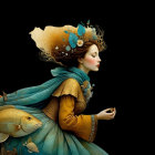Serene Young Woman in Golden Gown with Floral Crown