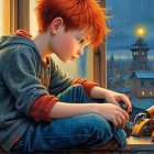 Young boy with red hair by window with robot toy