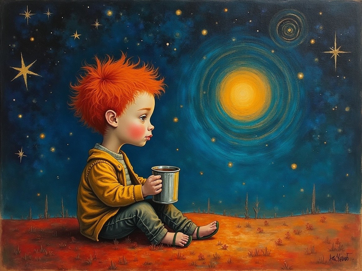 Child with orange hair gazing at starry night sky