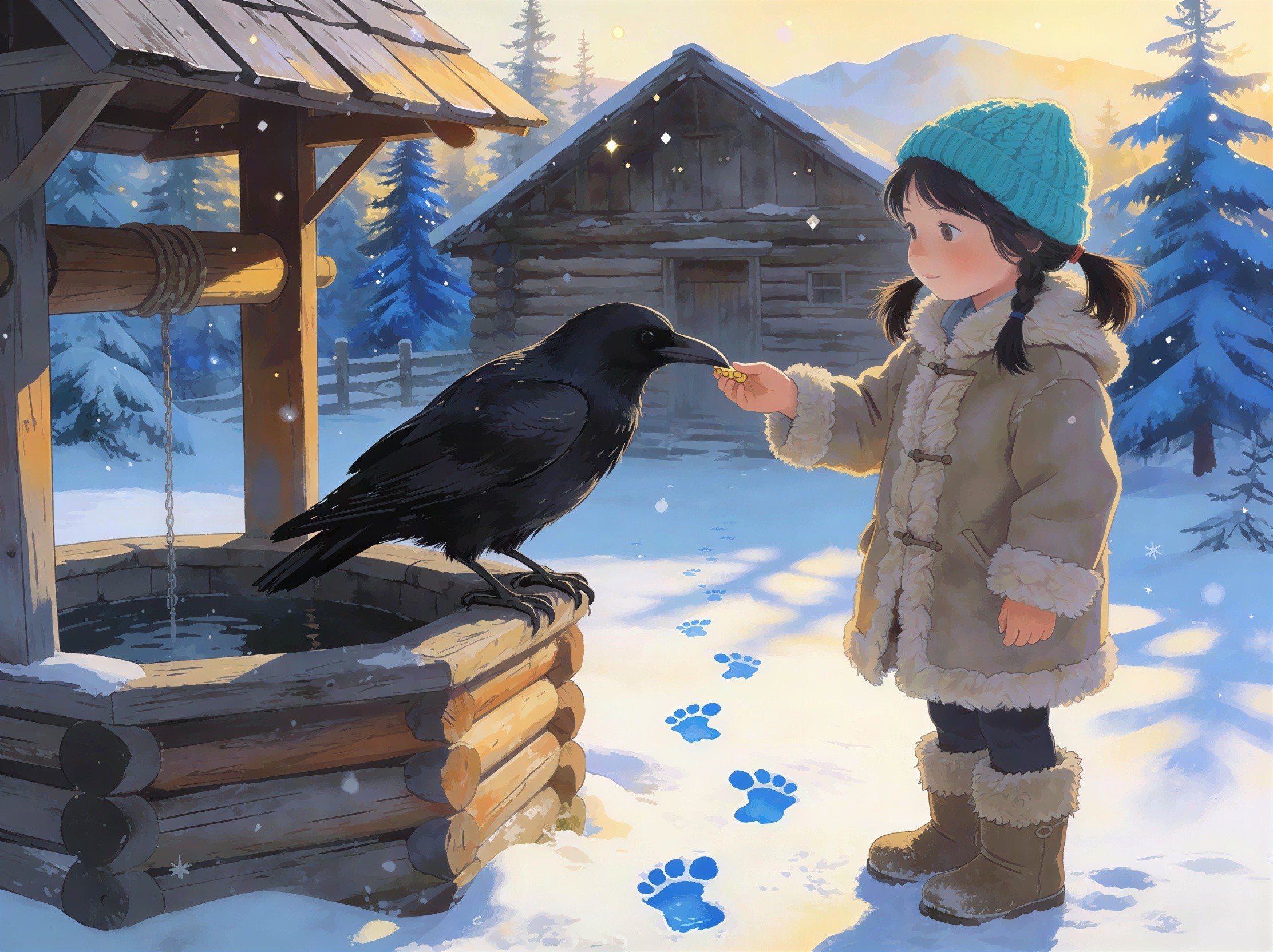 Young girl feeding raven near snowy wooden well