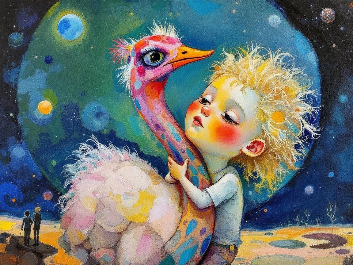 Child Embracing Oversized Ostrich in Dreamlike Landscape