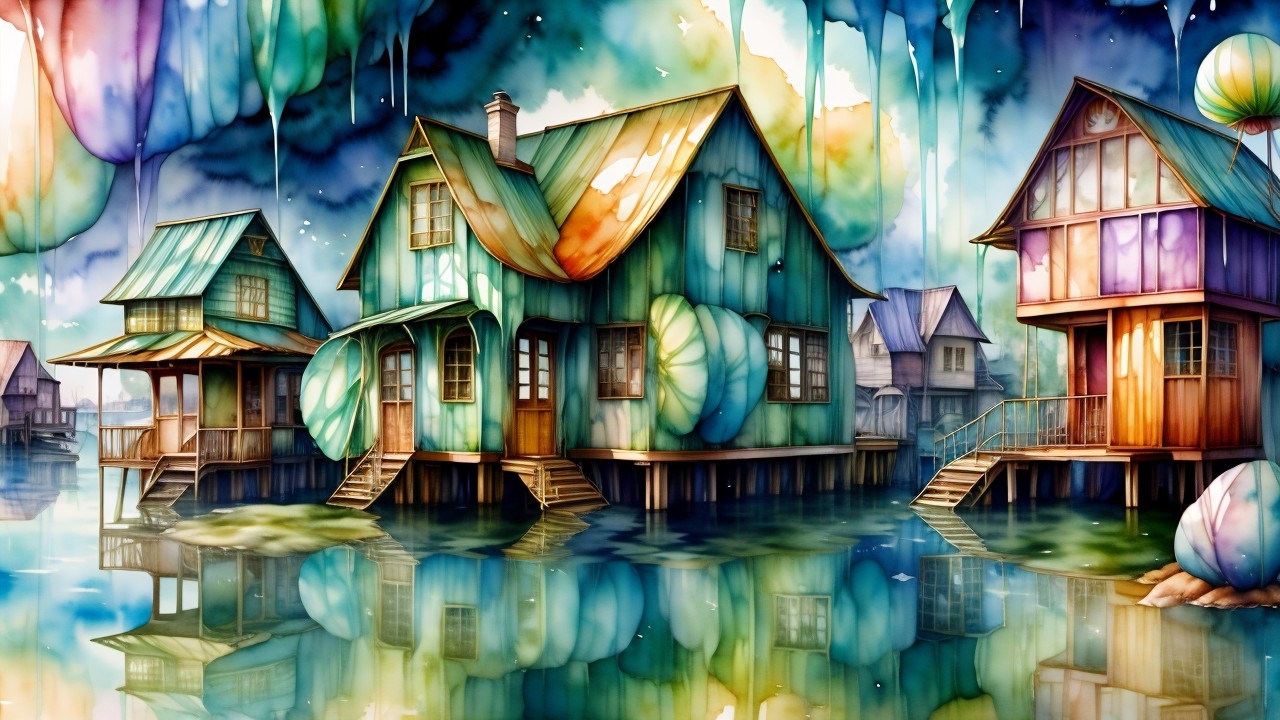 Whimsical Stilt Houses Above Reflective Water Surface