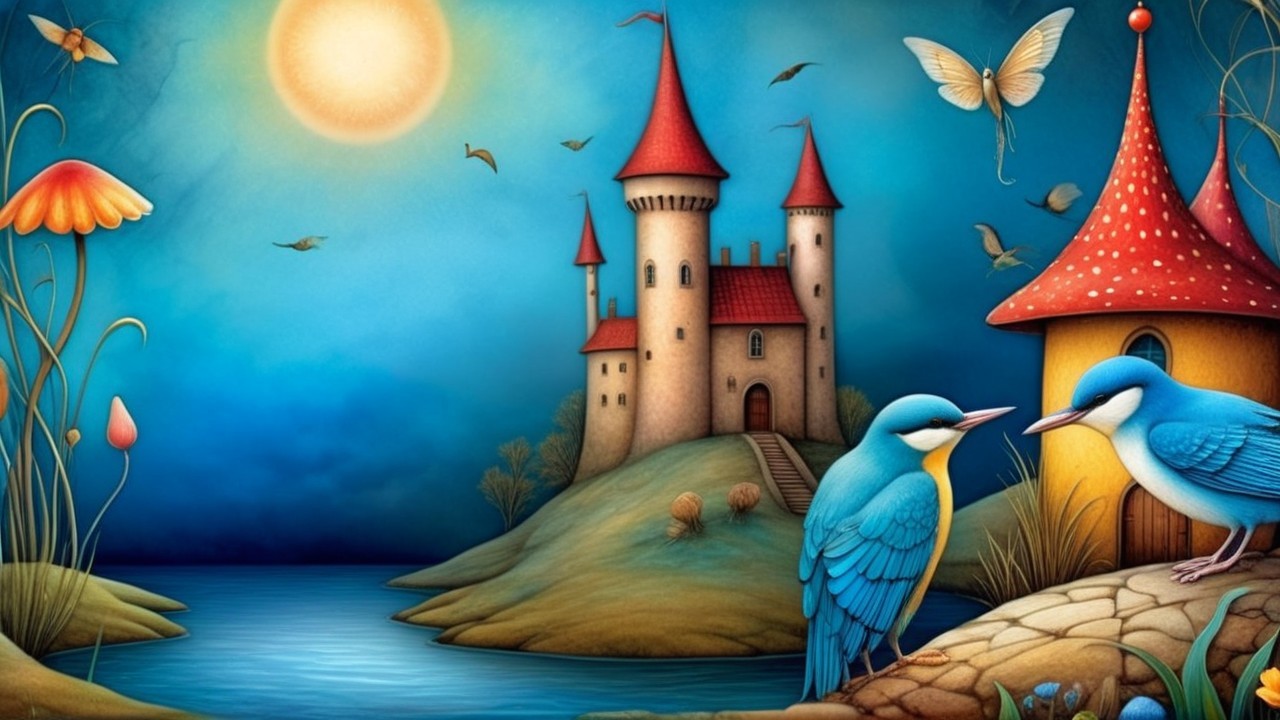 Whimsical Landscape with Castle and Colorful Birds