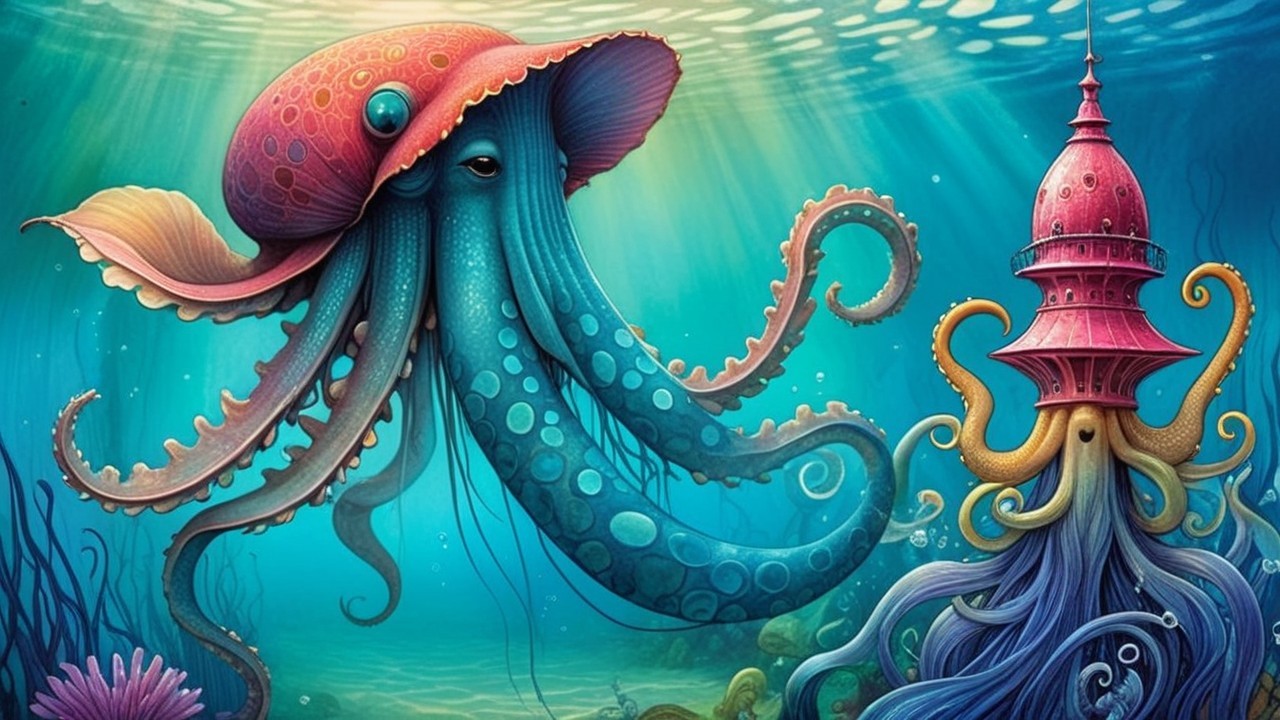 Vibrant Jellyfish and Octopus in Underwater Landscape