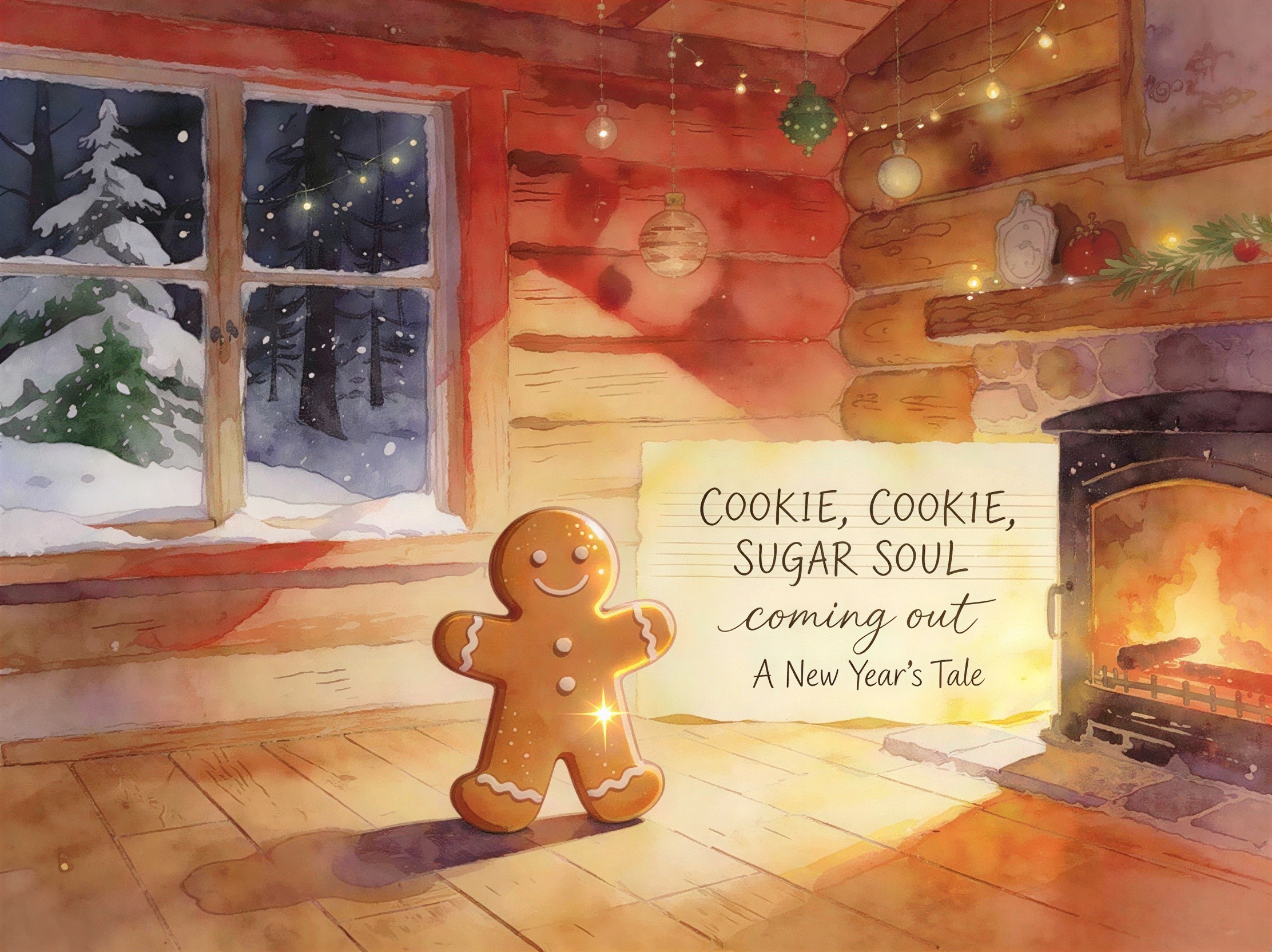 Watercolor of Cozy Log Cabin Interior in Winter